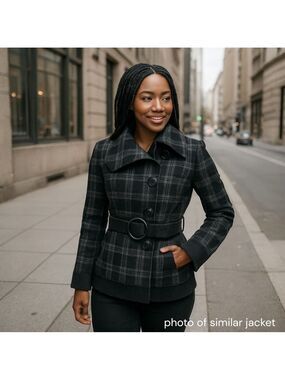 Vintage 2000s Y2K Guess Plaid Jacket Sz M Black Grey Belted Peacoat Wide Collar